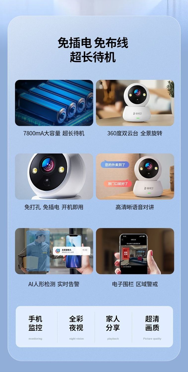 免插电摄像头无线wifi监控器家用门口室内手机远程360度旋转高清