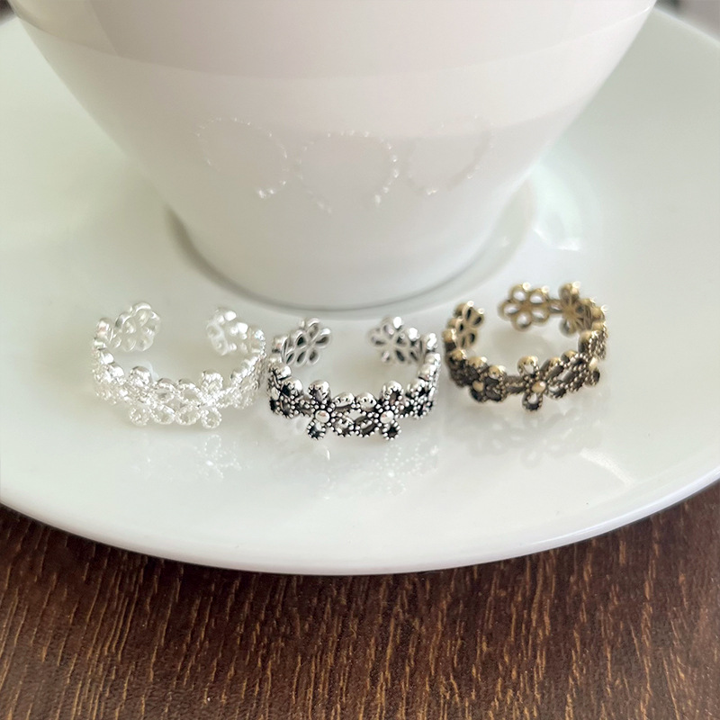 Lanzhi snowflake pattern 925 silver retro ring