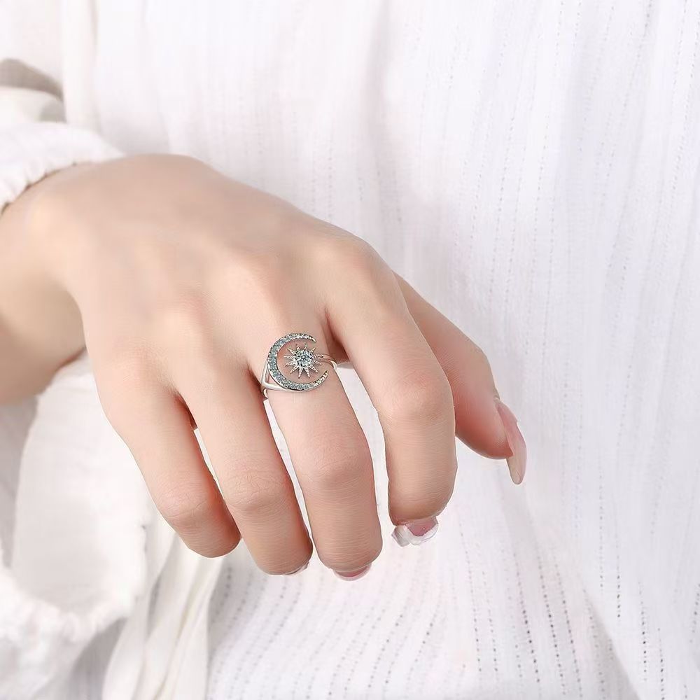 Star and Moon Women's Ring, Open-Ended, Silver Tone