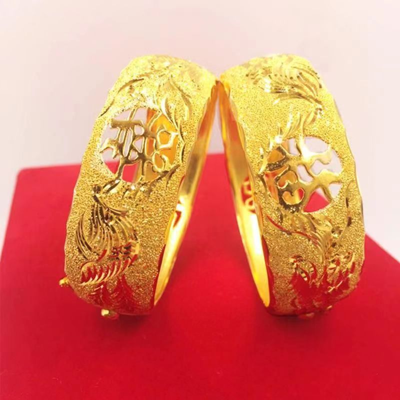 真金电镀结婚手镯开口宽版双喜龙凤镯子高仿金女新娘婚庆金猪吊牌