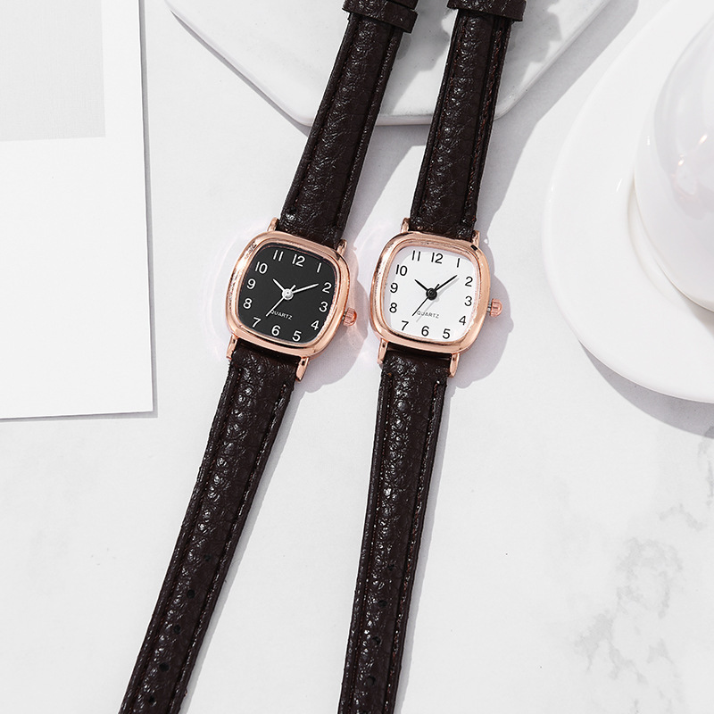 Damen-Quarzuhr quadratisch, Lederarmband