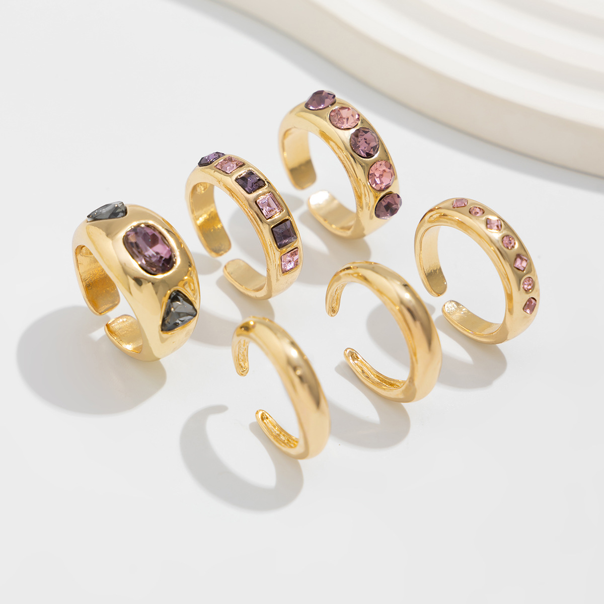 欧美跨境时尚ins风彩色宝石镶嵌戒指套装 金属质感光面指环Rings