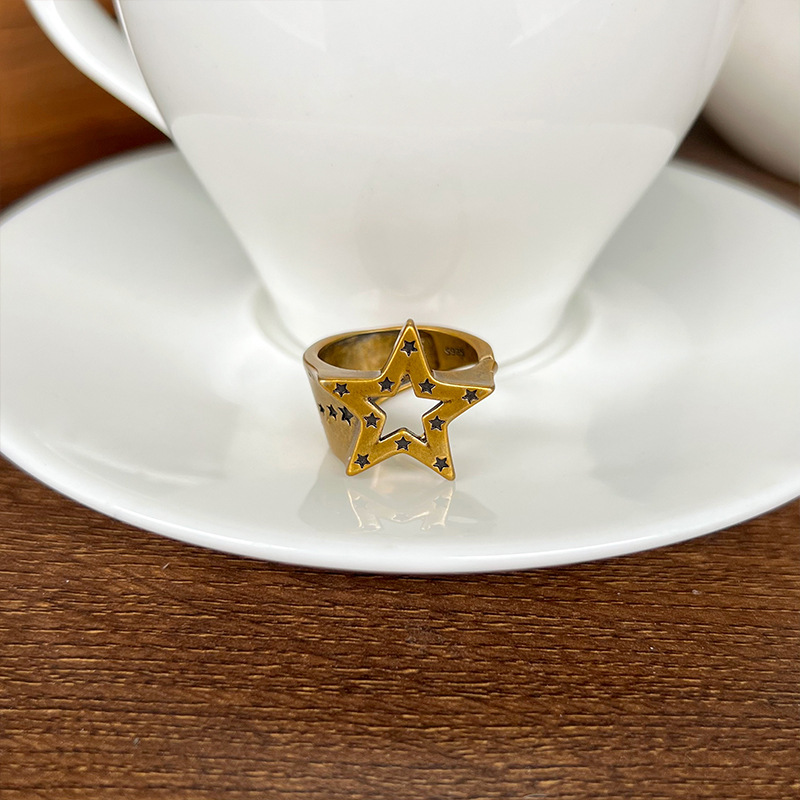Five-pointed star 925 silver ring, hip-hop design