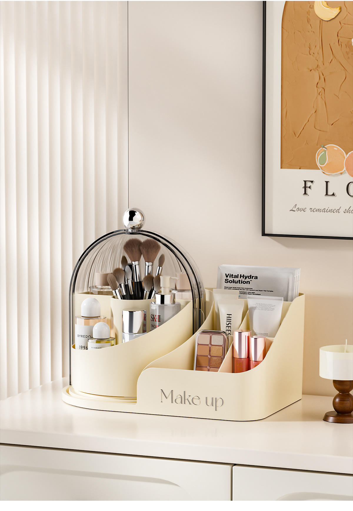 Transparent rotating makeup organizer with brush set and compartments