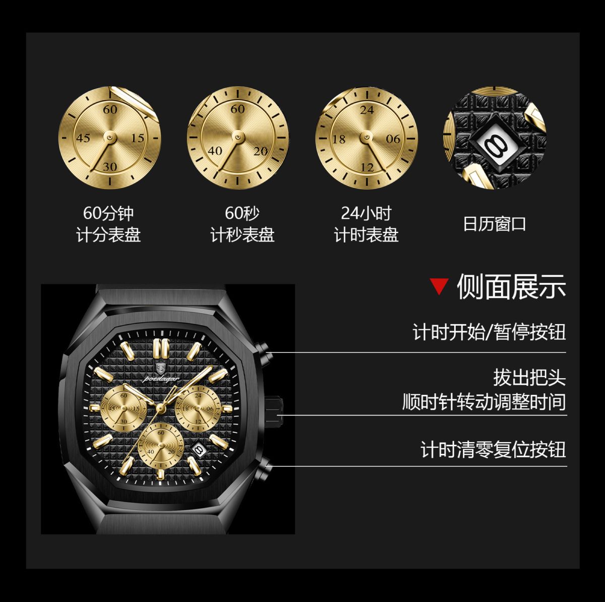 POEDAGAR Herrenuhr, wasserdicht, Chronograph