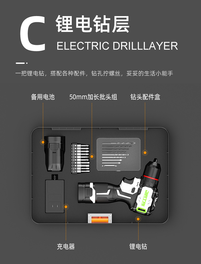High torque brushless electric drill with tool kit