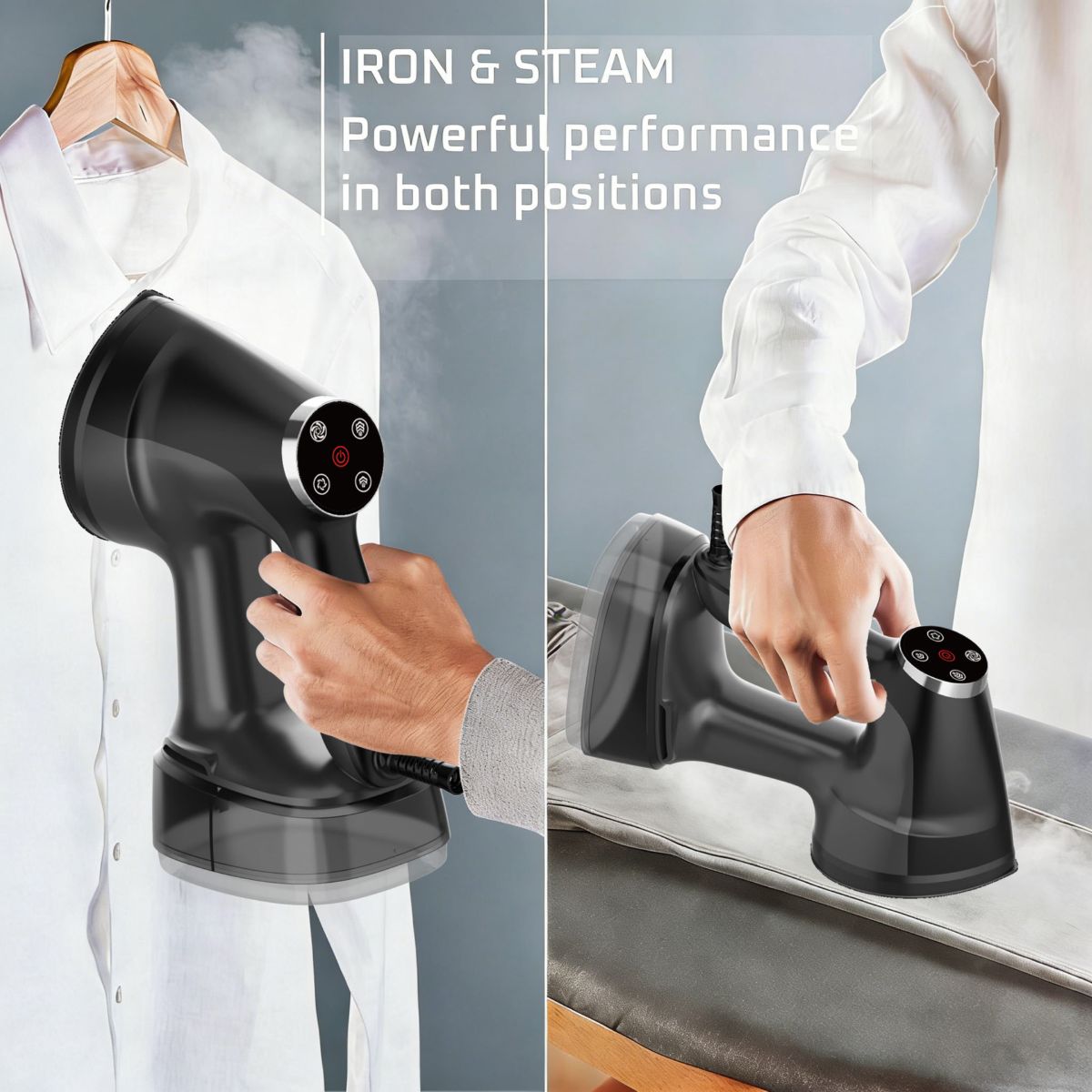 Handheld garment steamer, large tank, suction type