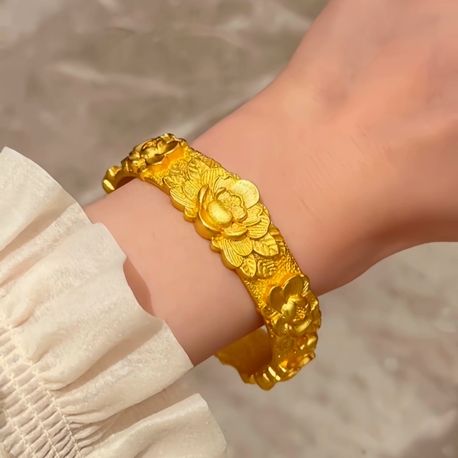 3D carved peony bracelet, solid gold-colored Chinese style