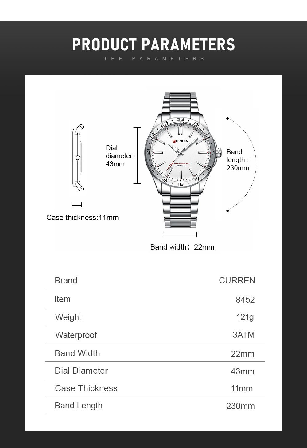 CURREN 8452 men's quartz watch, steel strap, 24-hour indicator