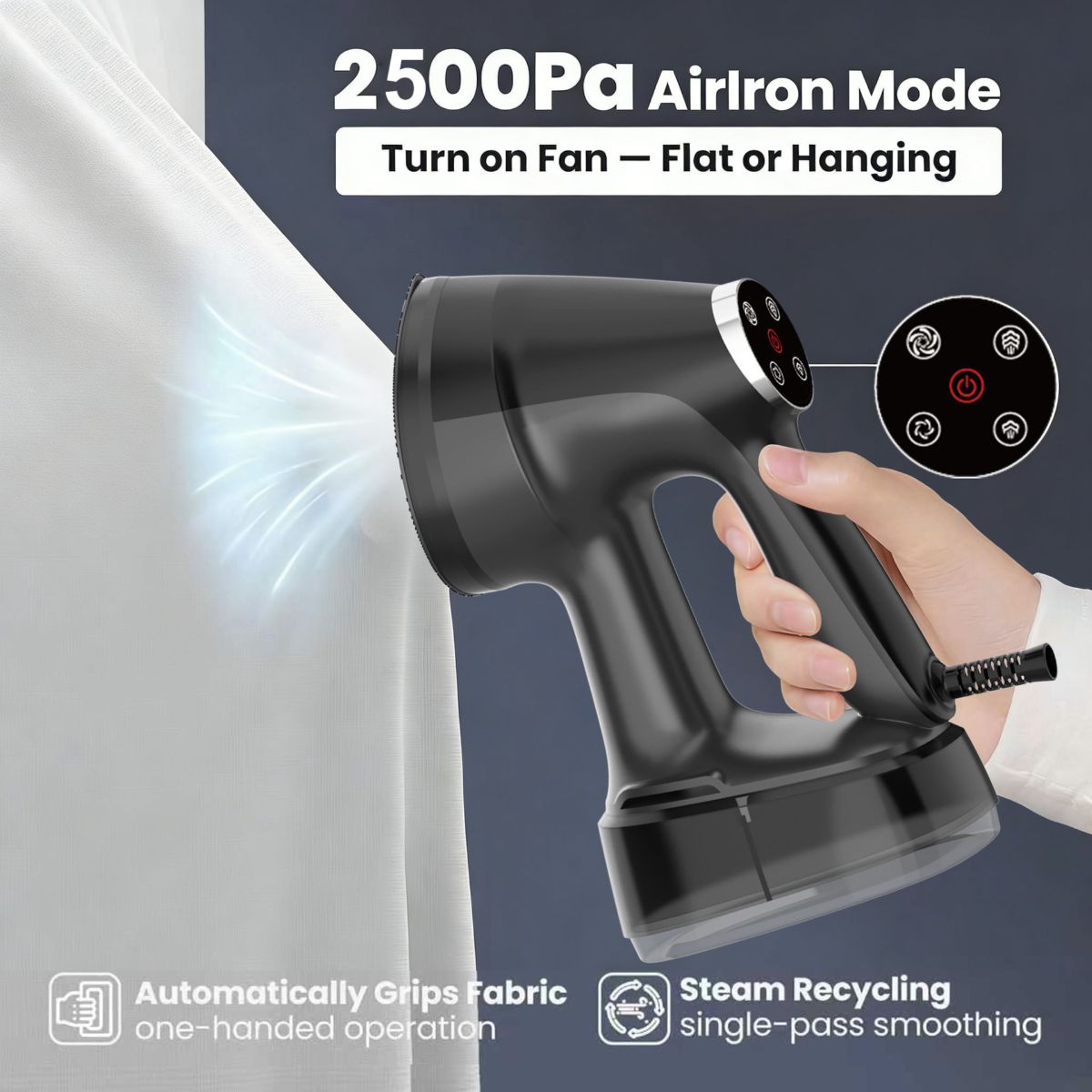 Handheld garment steamer, large tank, suction type