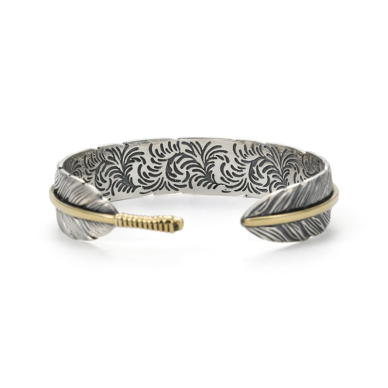 Tang pattern feather open cuff bracelet, men's stainless steel