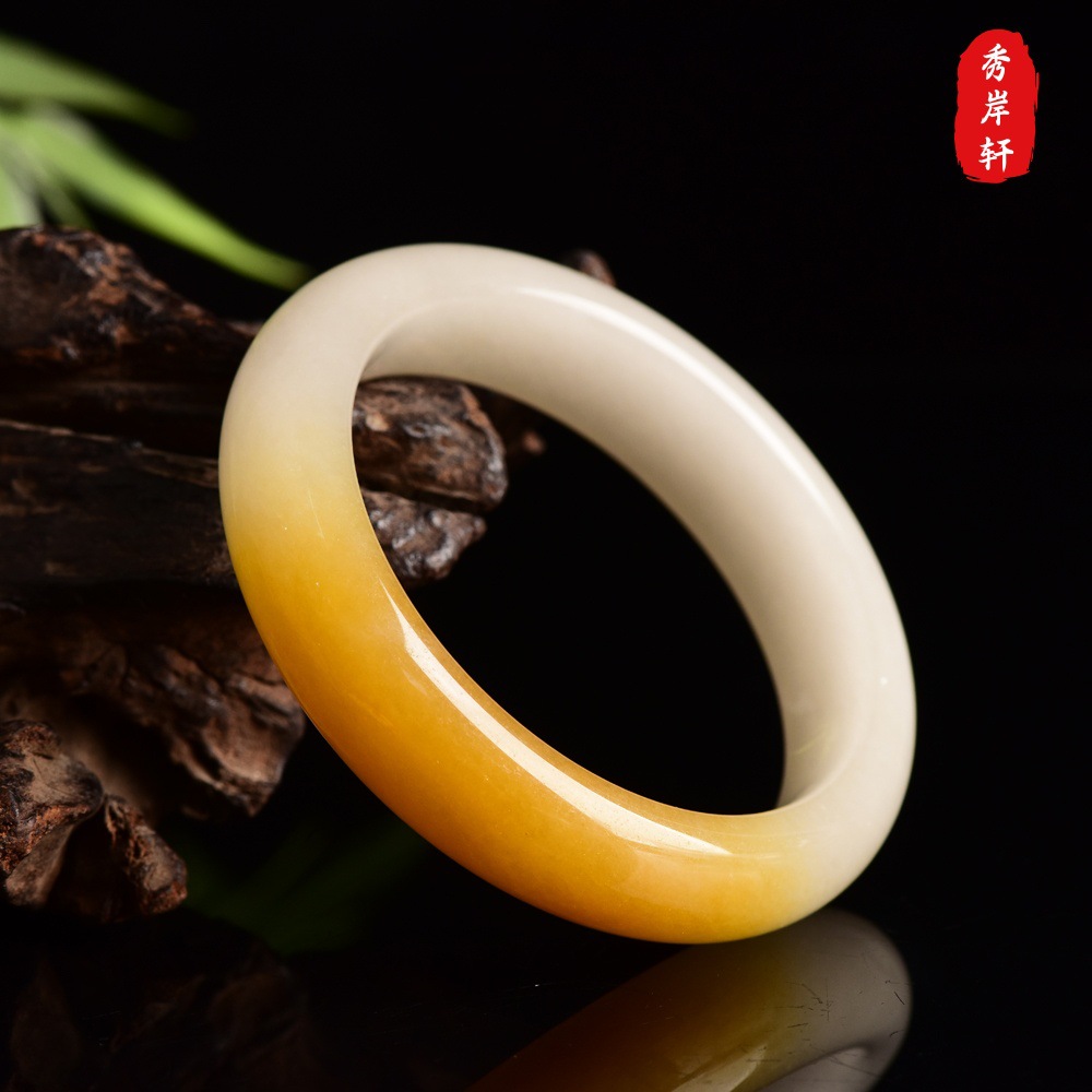 Natural yellow long jade bracelet with gold thread, wide design