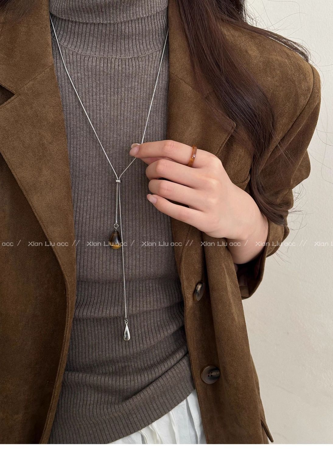 Tiger's eye water drop pull-through necklace, long design, women's accessory