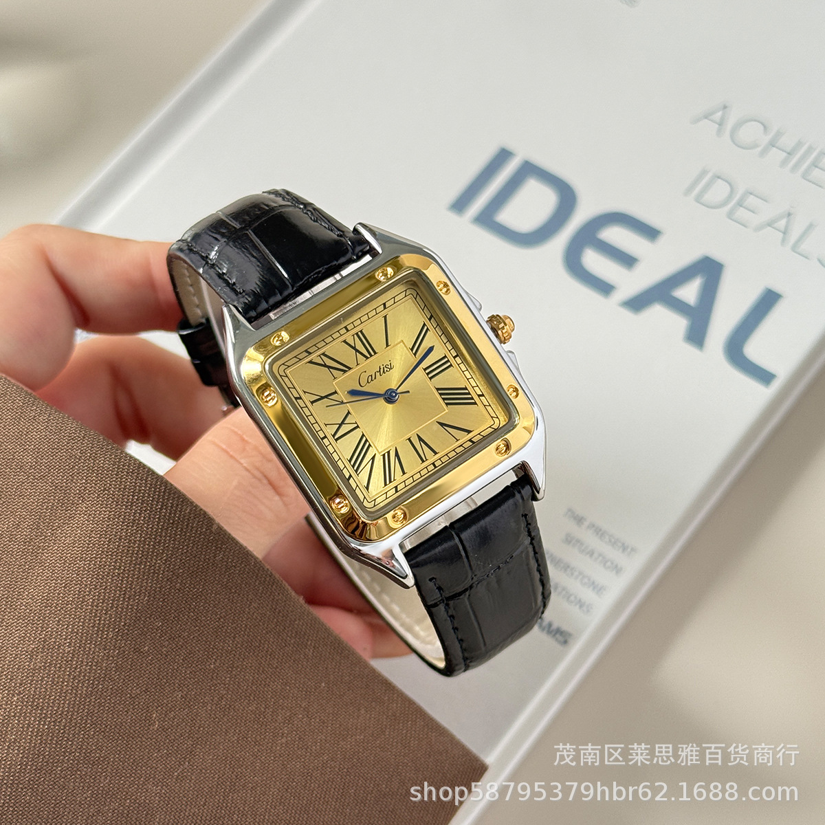 Cartisi men's wristwatch, square, roman numerals, leather strap