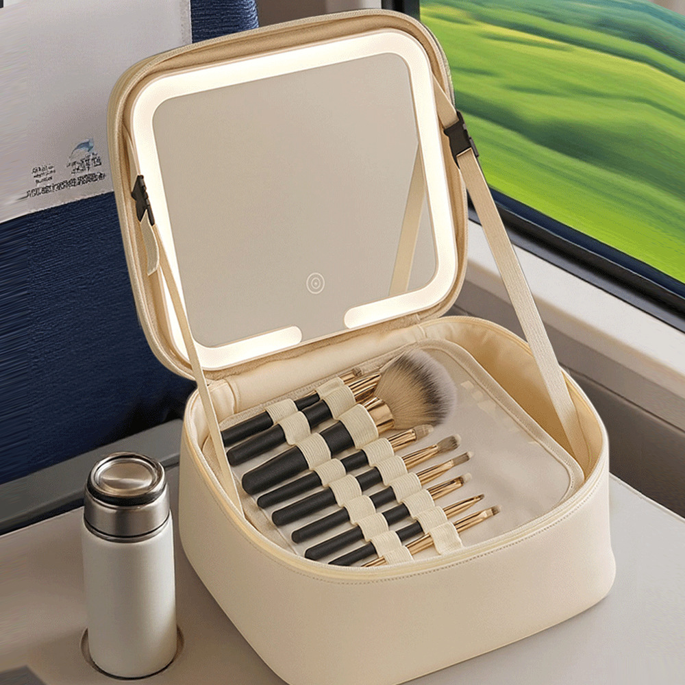 Makeup bag with mirror and LED light, portable organizer