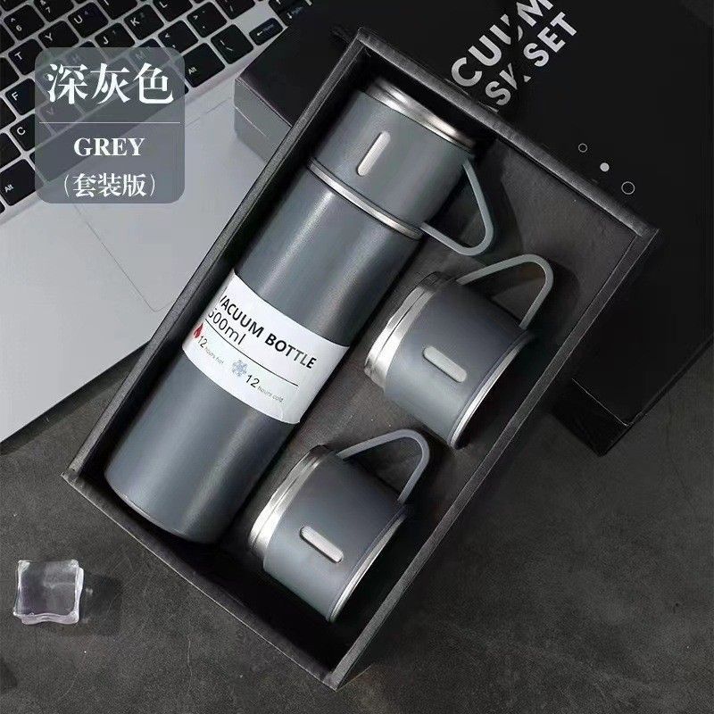 跨境一杯三盖不锈钢保温杯礼盒套装500ml男商务泡茶礼品杯印LOGO