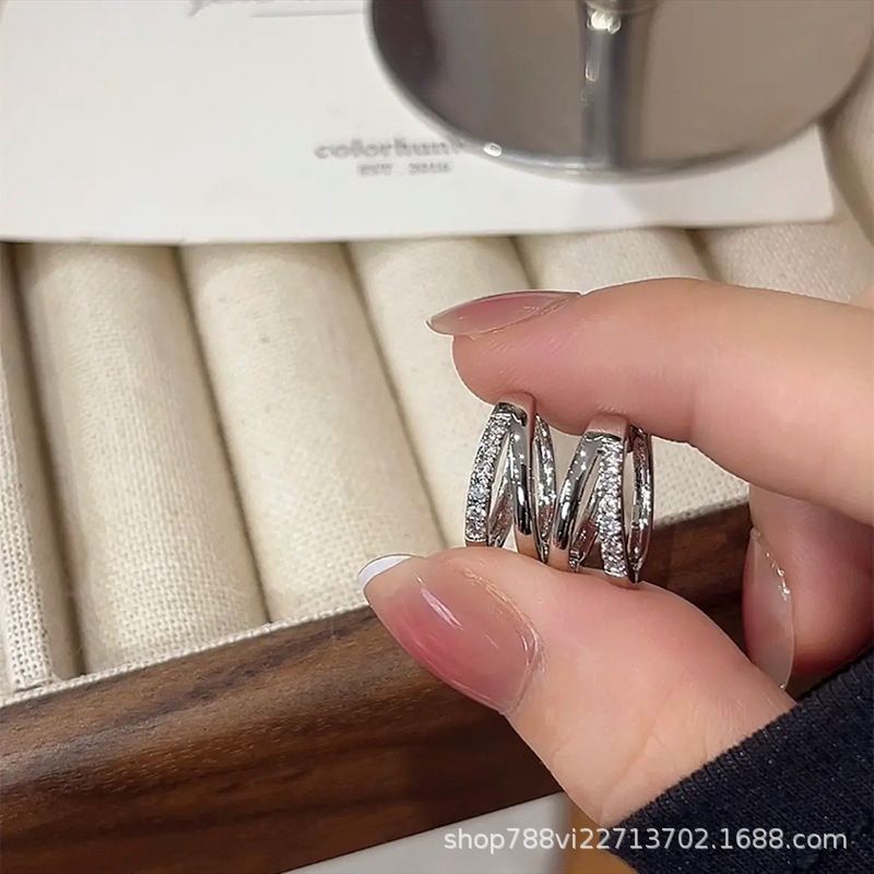 Silber-Ohrklemmen mit Strass, doppelte Kreise, Messing