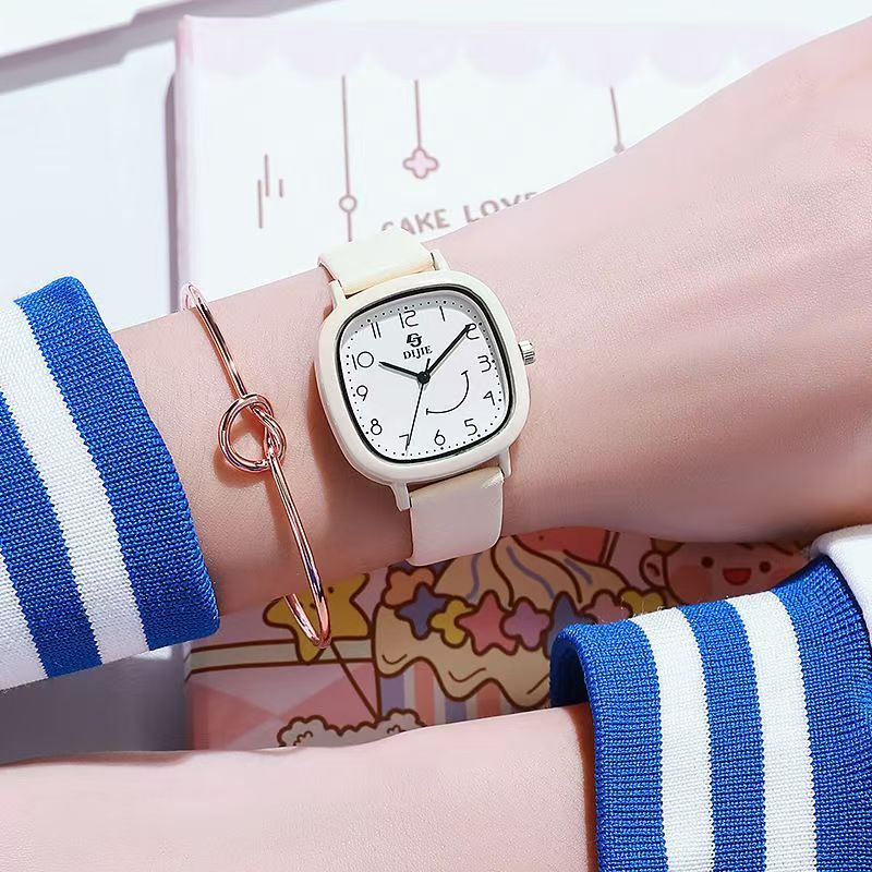 Square face quartz watch, white, for students