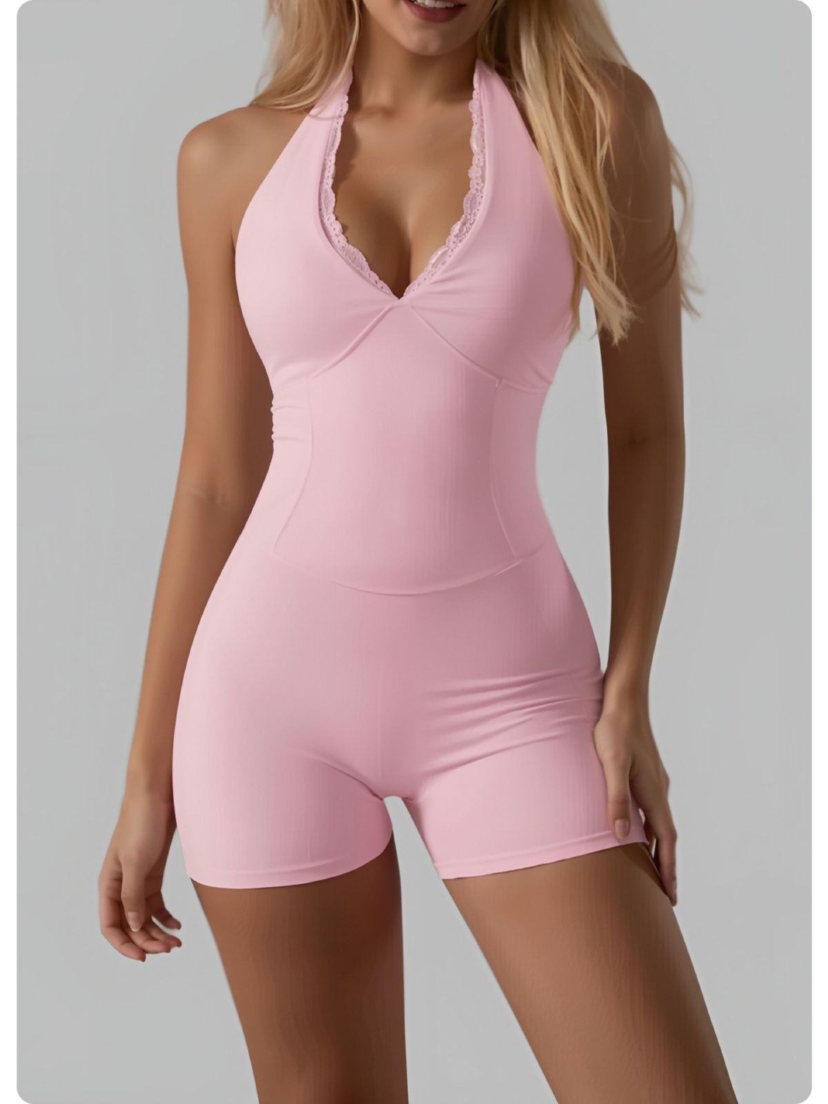 Spitzen-V-Ausschnitt Yoga-Einteiler, schnelltrocknend, Shorts