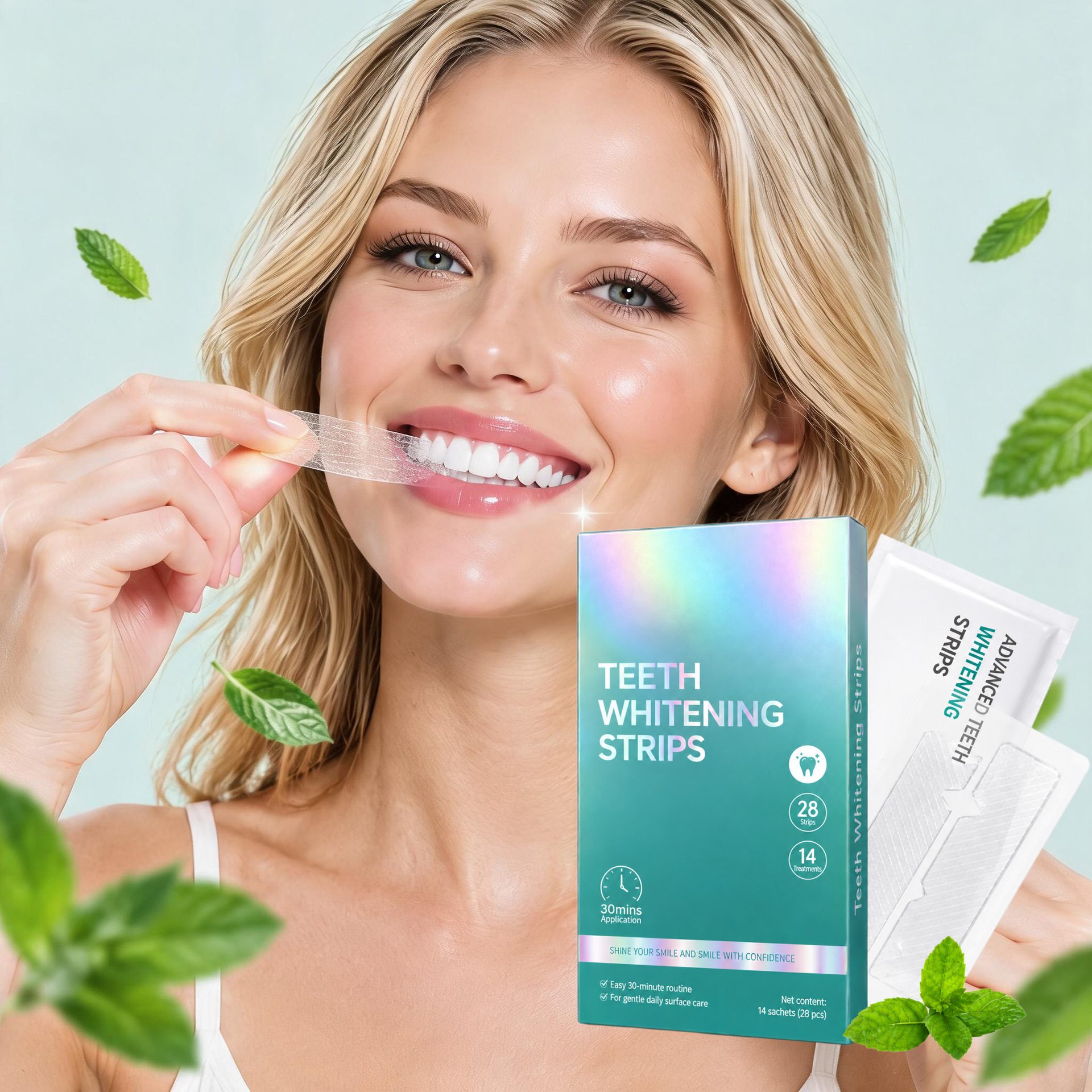 Whitening teeth strips, gentle, fresh scent, portable