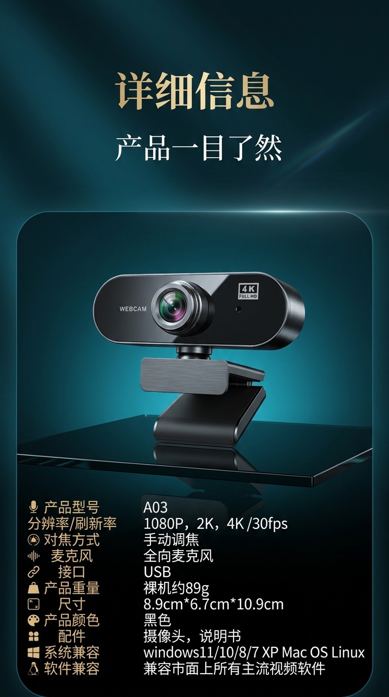 USB computer webcam, Full HD, plug and play, beauty effects