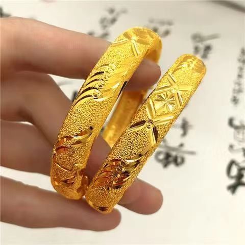 真金电镀结婚手镯开口宽版双喜龙凤镯子高仿金女新娘婚庆金猪吊牌