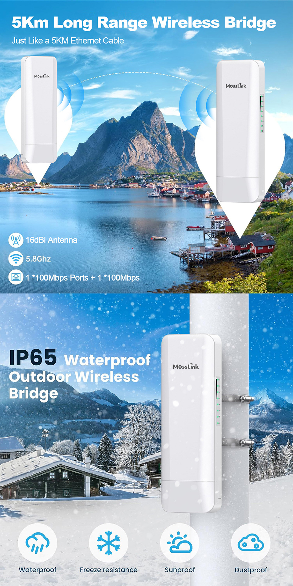 5.8G Wireless Bridge, 900Mbps, 5km Range, Repeater