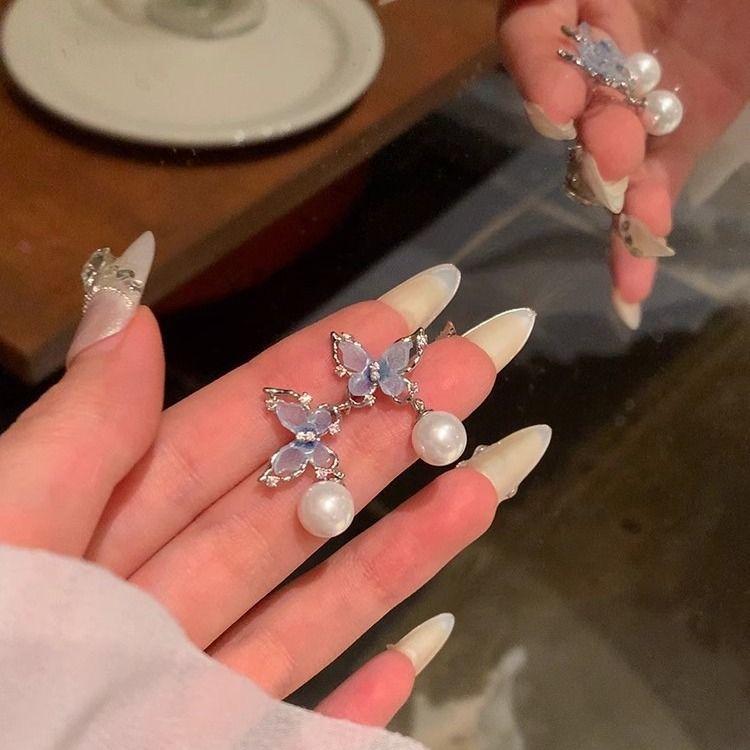 S925银针爆款锆石珍珠耳环女轻奢小众高级感蝴蝶耳钉百搭气质耳饰