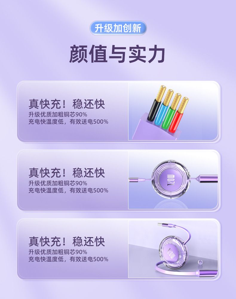 透明伸缩一拖三数据线三合一120W快充适用华为苹果安卓可印logo