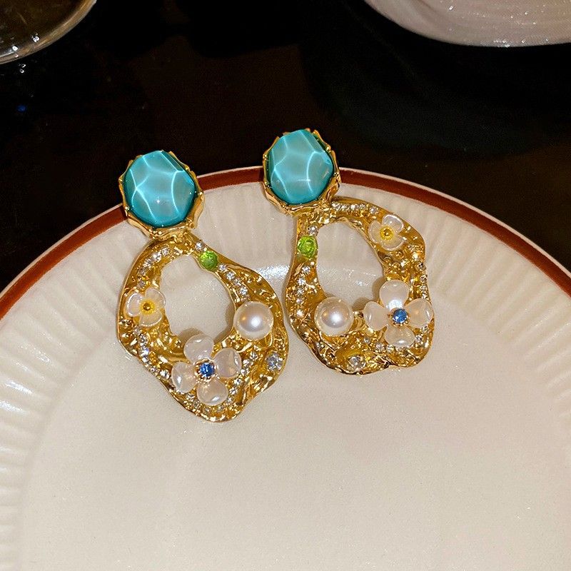 Silver flower geometric earrings, rhinestone, women's