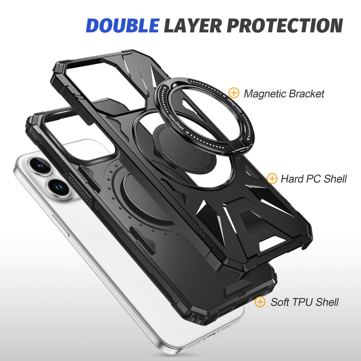 Phone case for iPhone 15 Pro Max, magnetic stand, PC+TPU