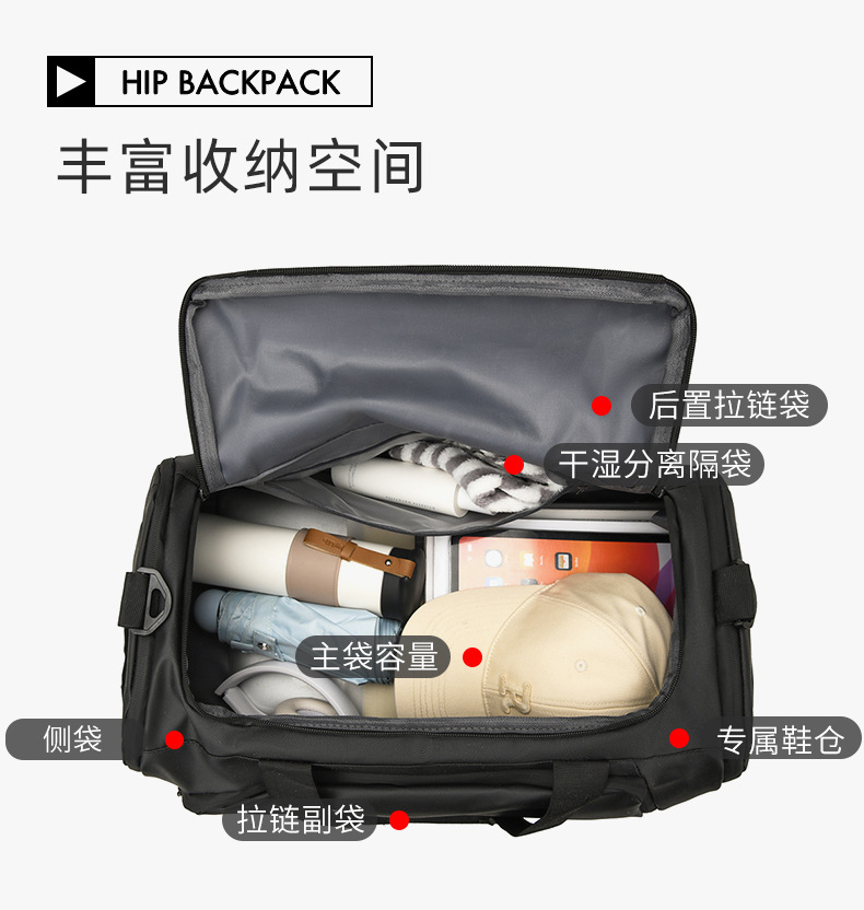 Sports backpack, wet/dry compartments 50L
