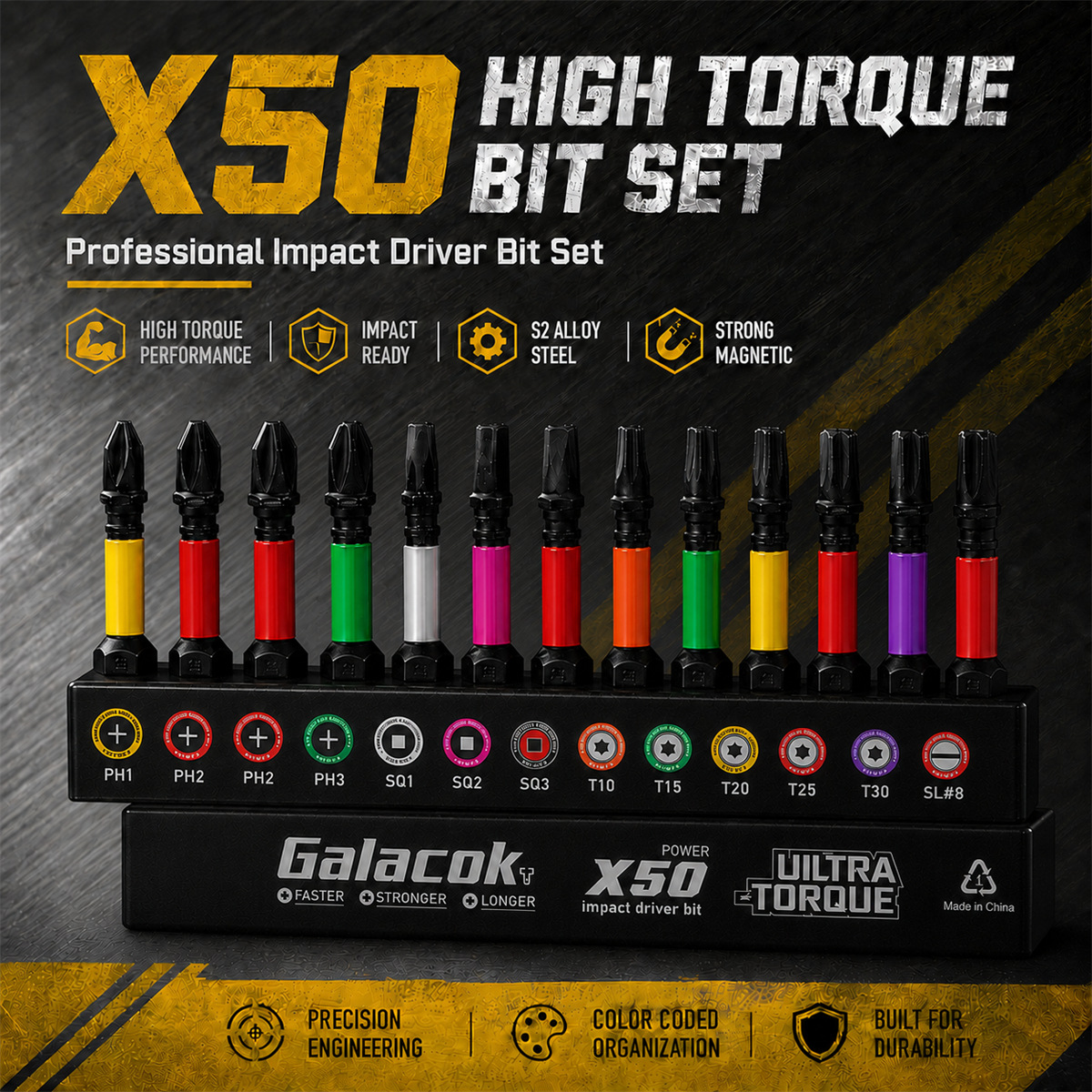 13-piece drill bit set, PH2, S2 alloy steel, magnetic, 50mm