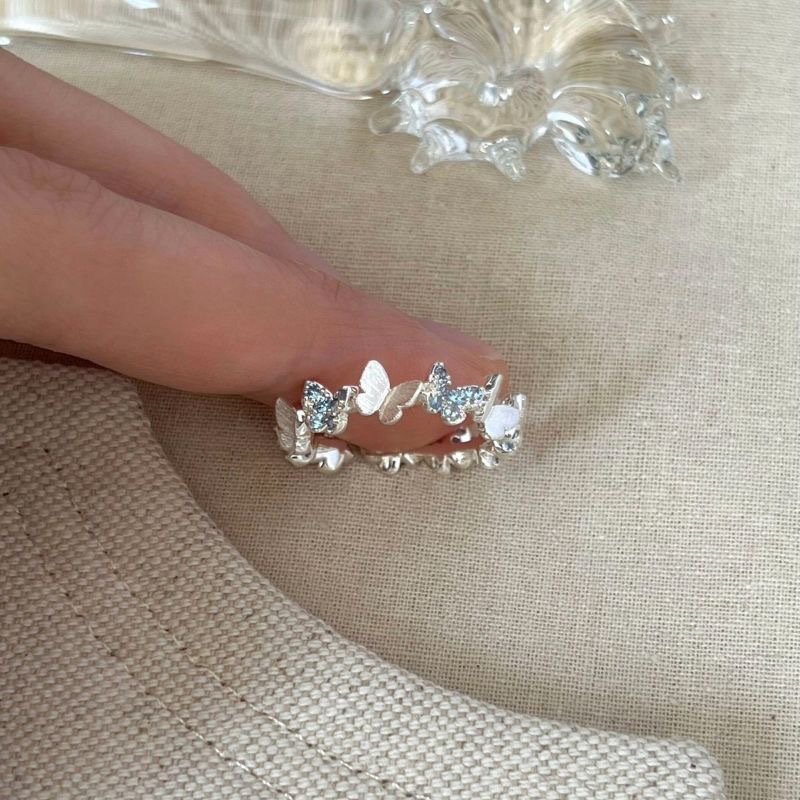 Butterfly ring for women with blue sparkling stone silver premium design