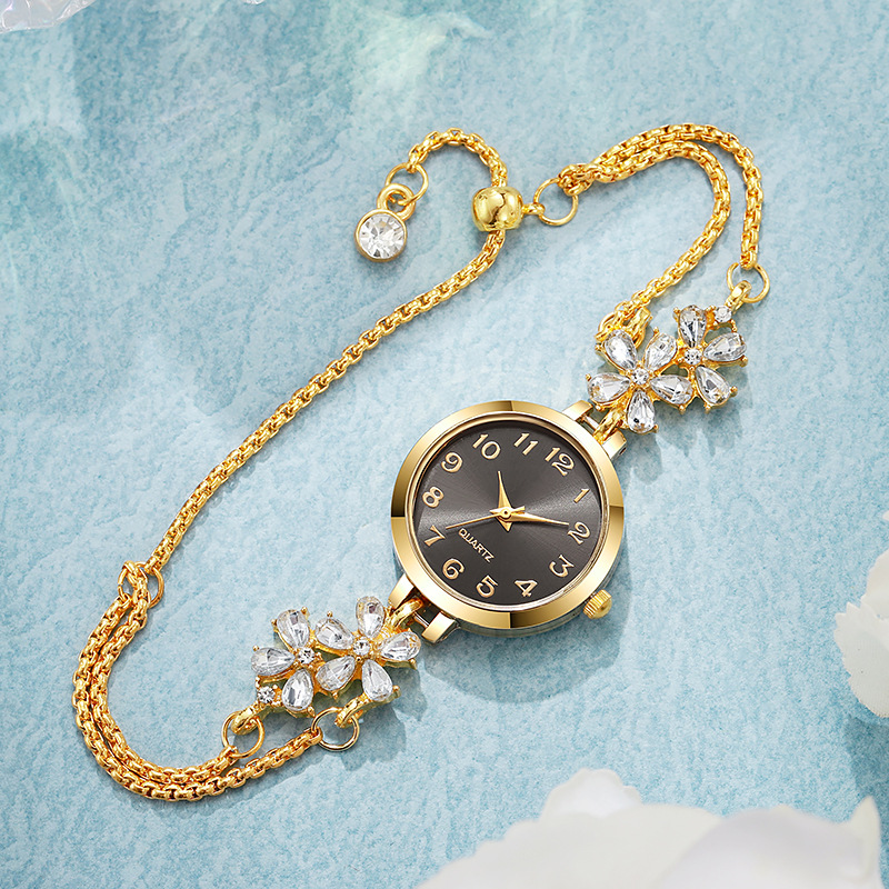Floral rhinestone women's watch pull-string bracelet