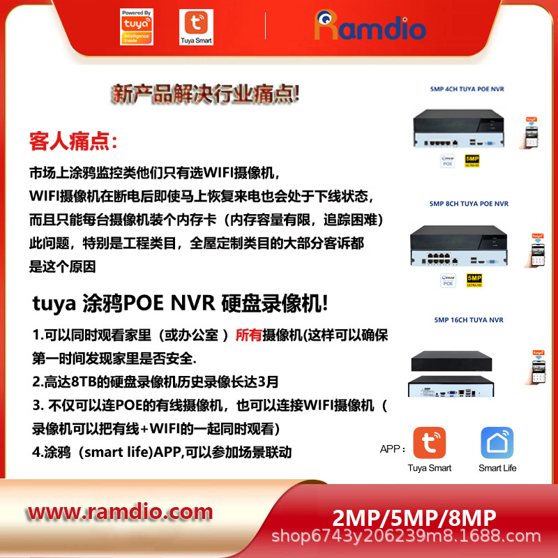 Tuya 16CH 5MP NVR kaydedici, ONVIF, sabit disk, HDD