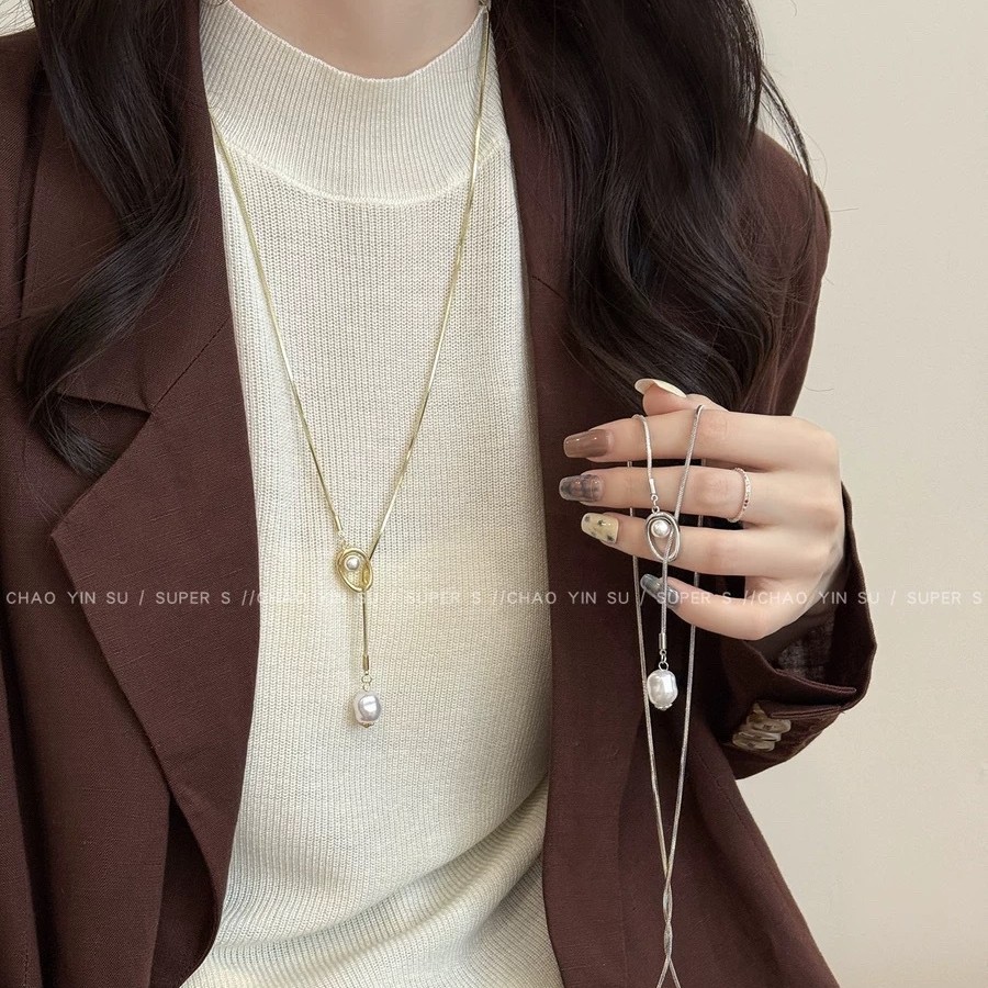 Pearl pendant long sweater chain necklace non-fading premium