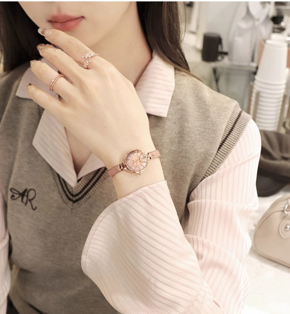 Gubosen Armband-Damenuhr mit rosa Lederarmband