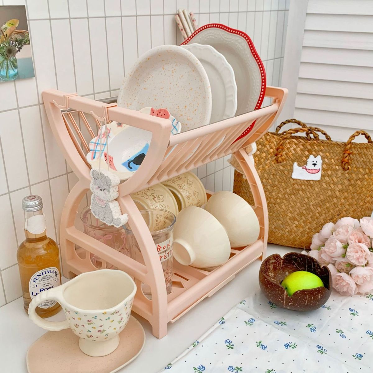 Double-layer kitchen storage rack with drain shelf for tableware