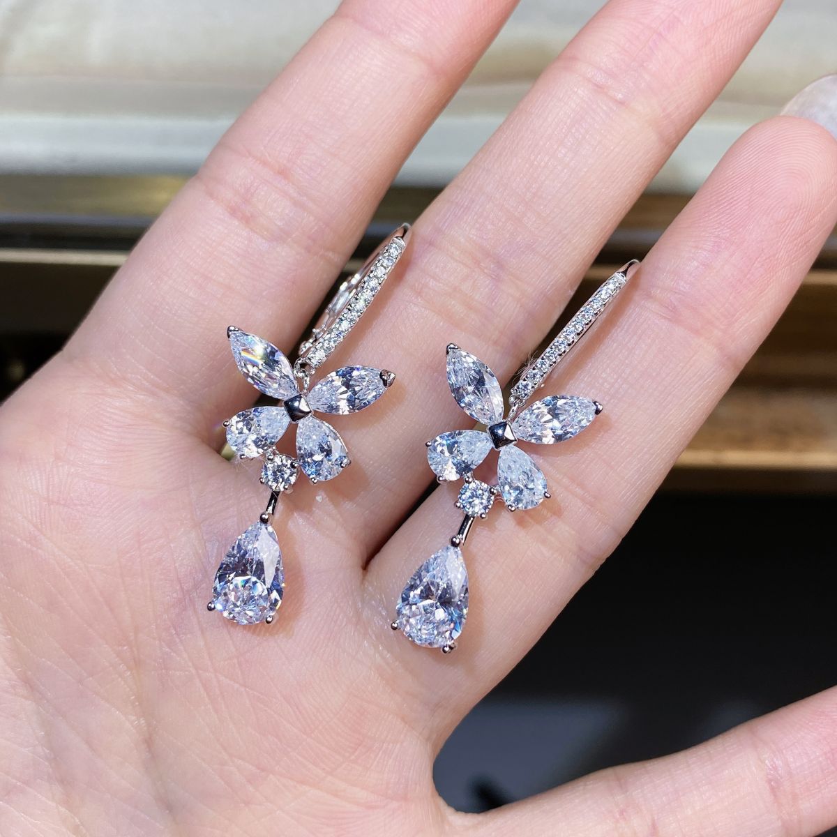 Butterfly earrings, 925 silver, water drop shape, marquise