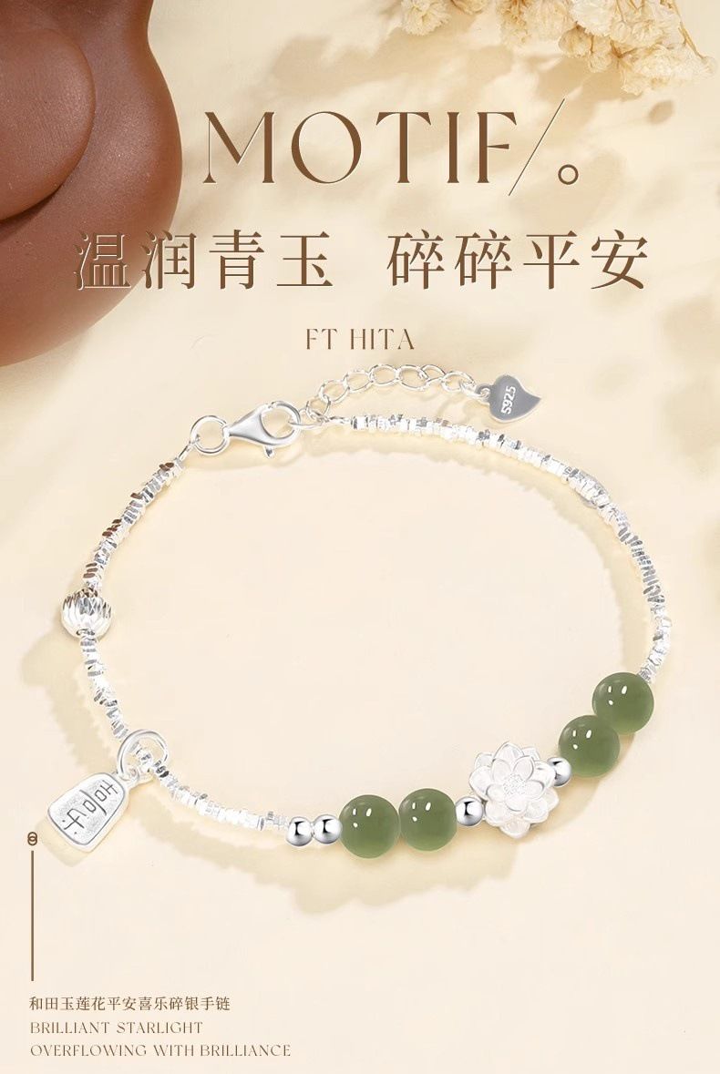 Hetian jade gümüş bilezik, kadın, lüks tasarım