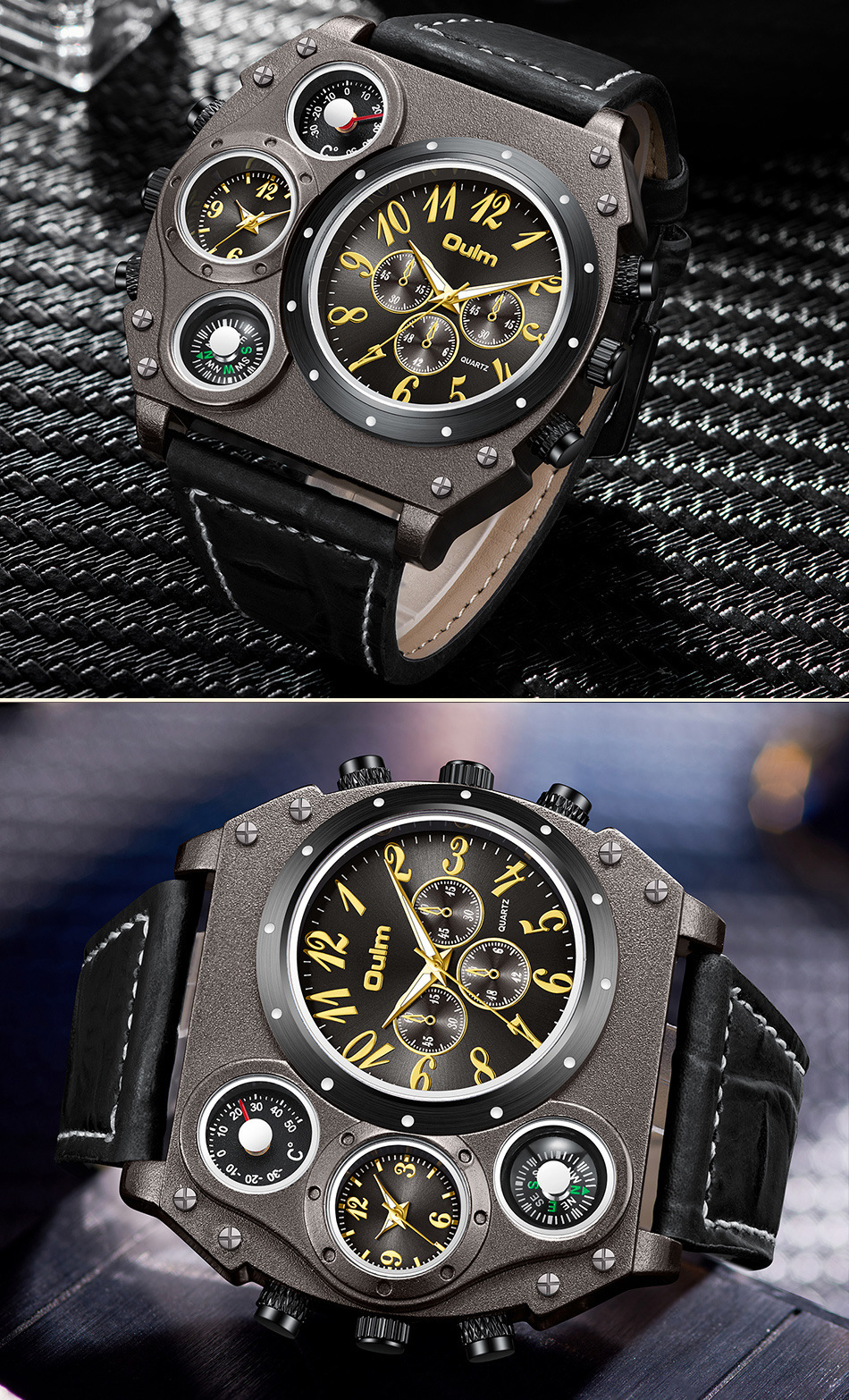 Herrenarmbanduhr, großes Zifferblatt, Mehrfach-Zeitzonen, Quarz