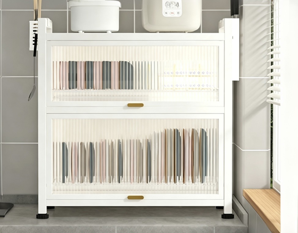 Kitchen bowl cabinet with door dustproof countertop storage rack