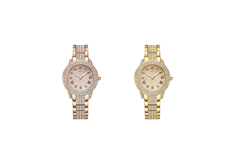 Women's diamond-studded quartz watch with Roman numerals and bracelet design