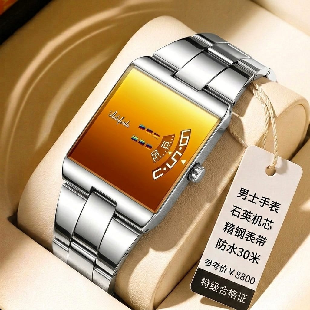 Men's Square Quartz Watch Steel Band Waterproof