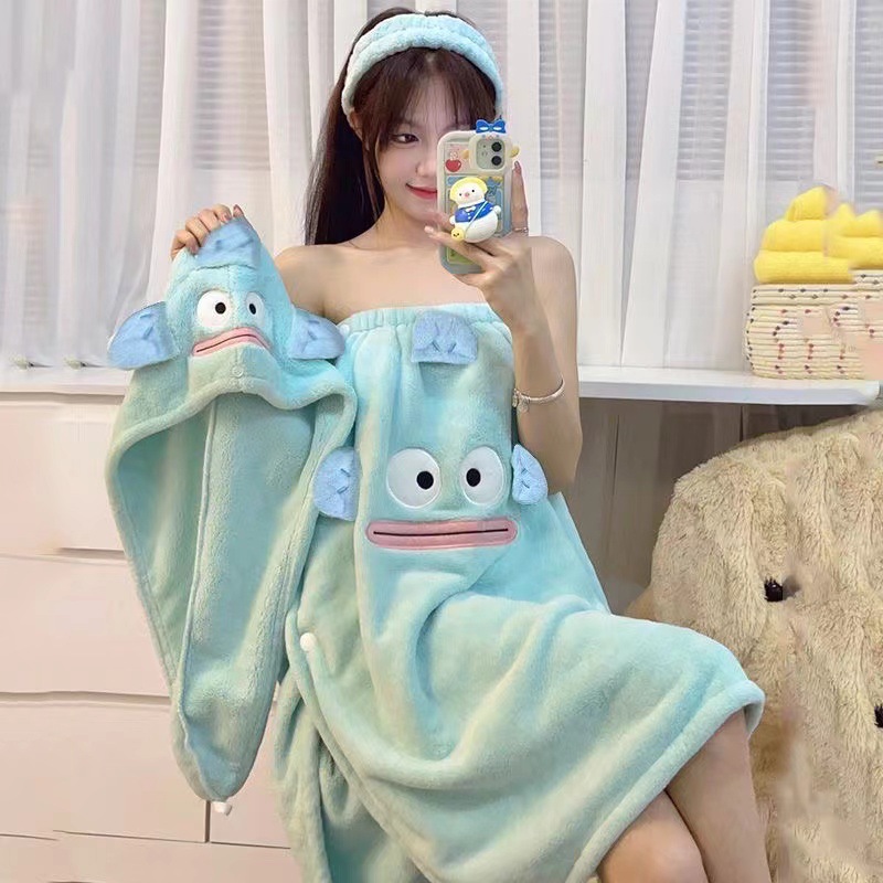 可穿可裹珊瑚绒丑鱼浴巾女毛巾干发帽三件套新款大人吸水浴裙