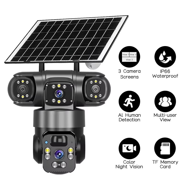 QL19 panoramik 360 derece üç ekranlı kablosuz akıllı wifi/4G güneş enerjili kamera izleme tabancası ve topu entegre