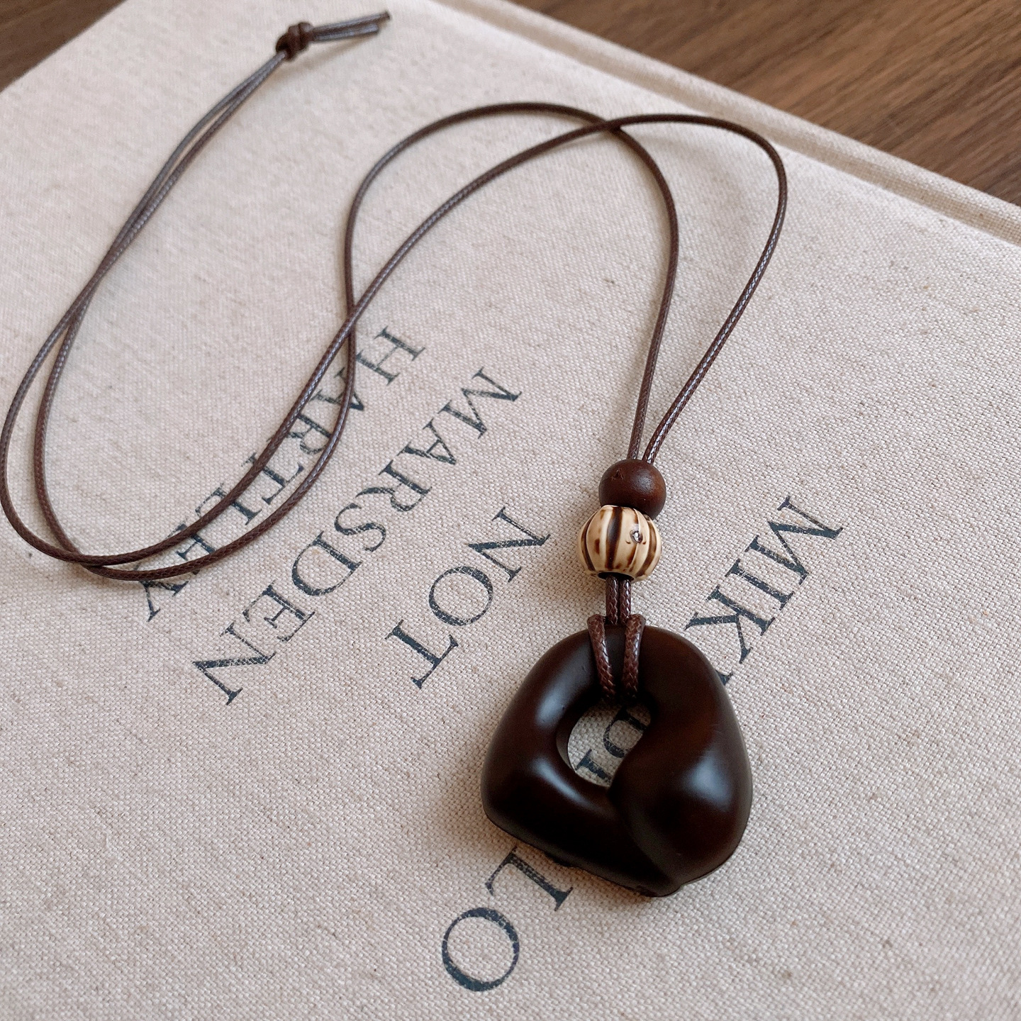 Geometric wood bead resin pendant necklace, vintage, long