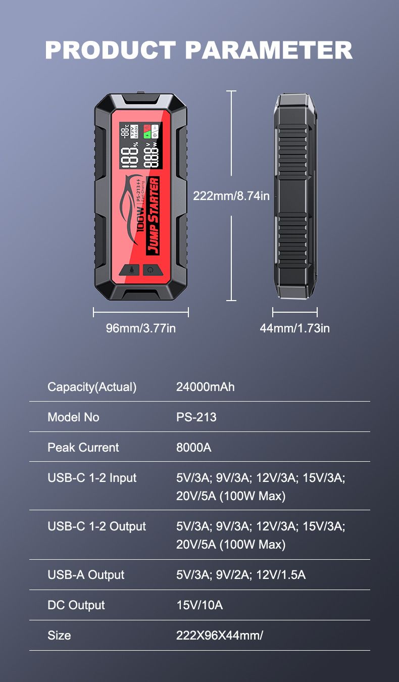 24000mAh araç acil çalıştırma güç kaynağı 12V 8000A 100W hızlı şarj