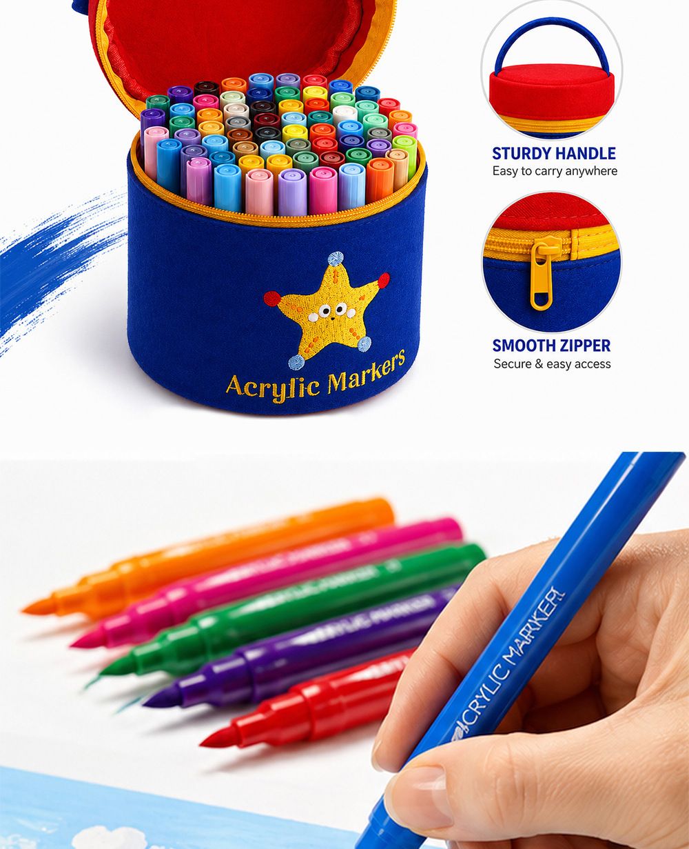 Acrylic marker pen set with soft tips, children's drawing, storage bucket